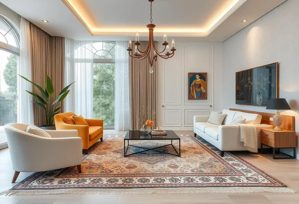 A brown colour Oushak Rugs is making best match to modern furniture