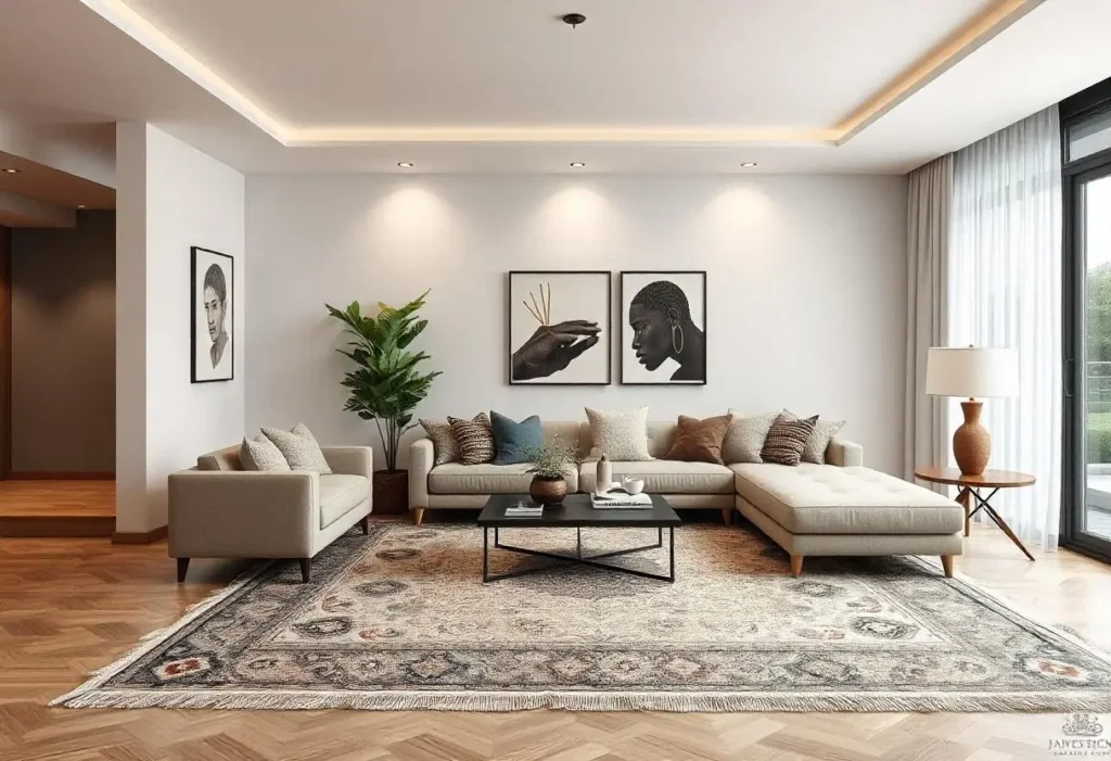 Modern living room with Oushak Turkish rug and paintings
