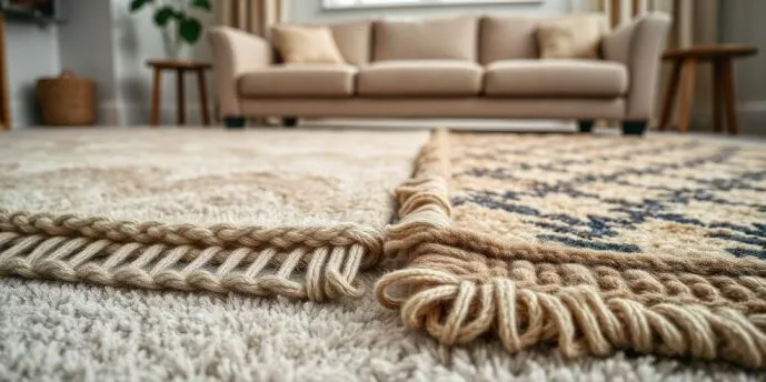 A close-up view shows a hand-made rug with visible knots and textures. In contrast, a machine-made rug has a flat surface and uniform patterns. Both rugs are placed on a soft carpet in a cozy living room, with an elegant sofa in the background.